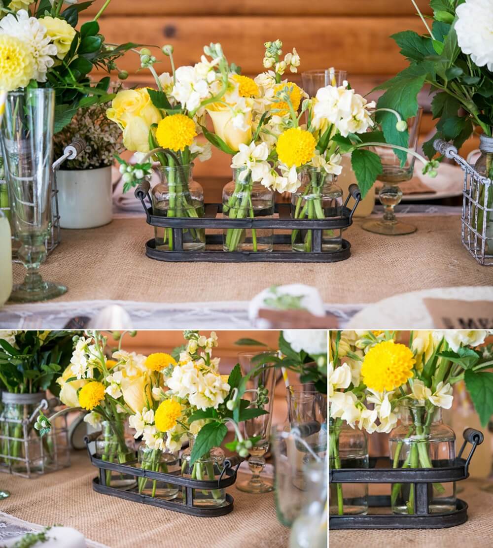 DIY Glass Bottles In A Metal Basket Centerpiece Stand